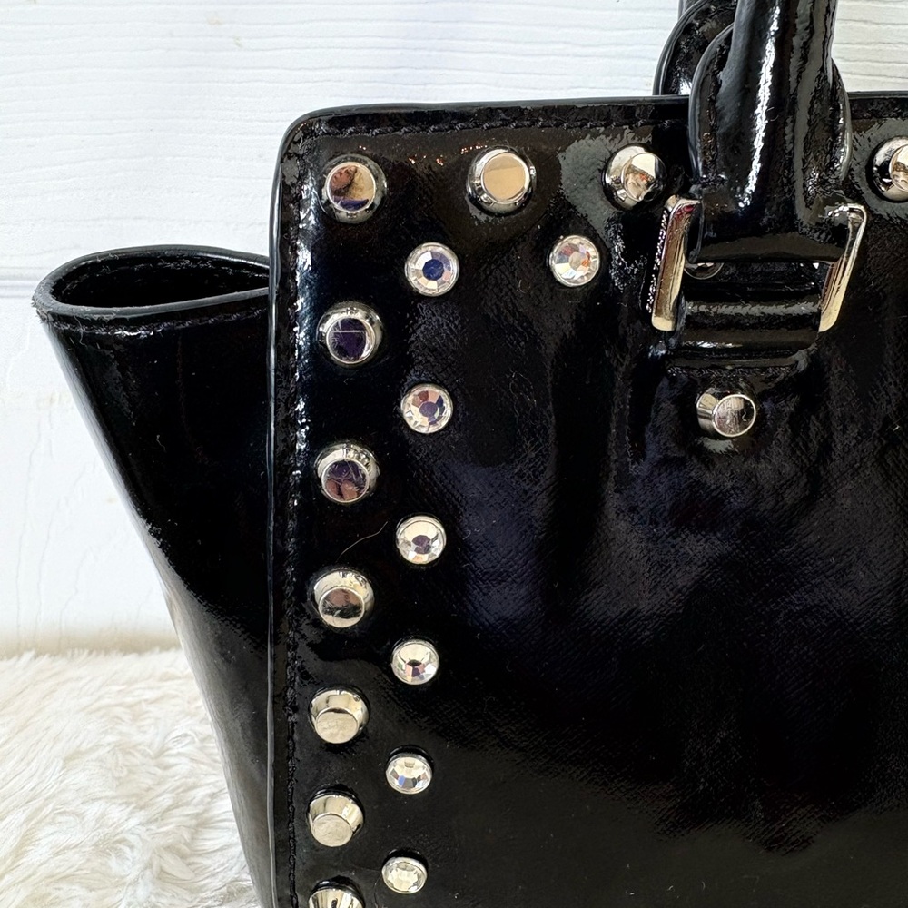 MK Michael Kors Black Patent Studded Rhinestone Handbag - Picture 3 of 9